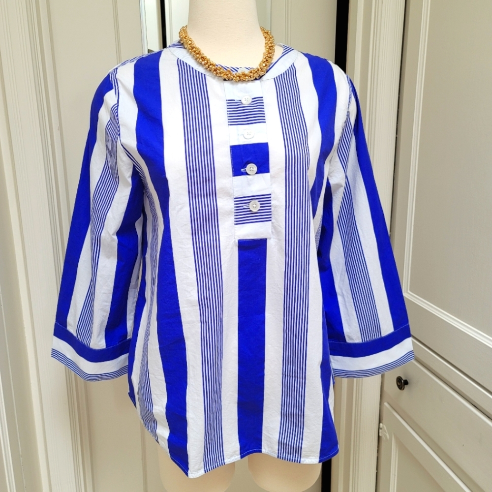 New! J. Crew sz Small S Blue White Stripe Cotton Tunic Top Button NWT